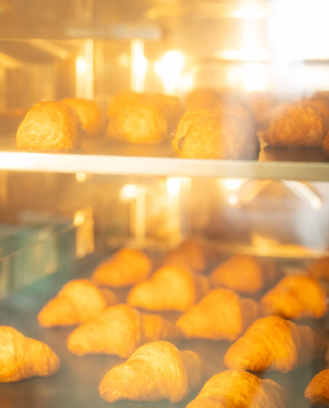 オーブンで焼き上がるクロワッサンやパンの様子